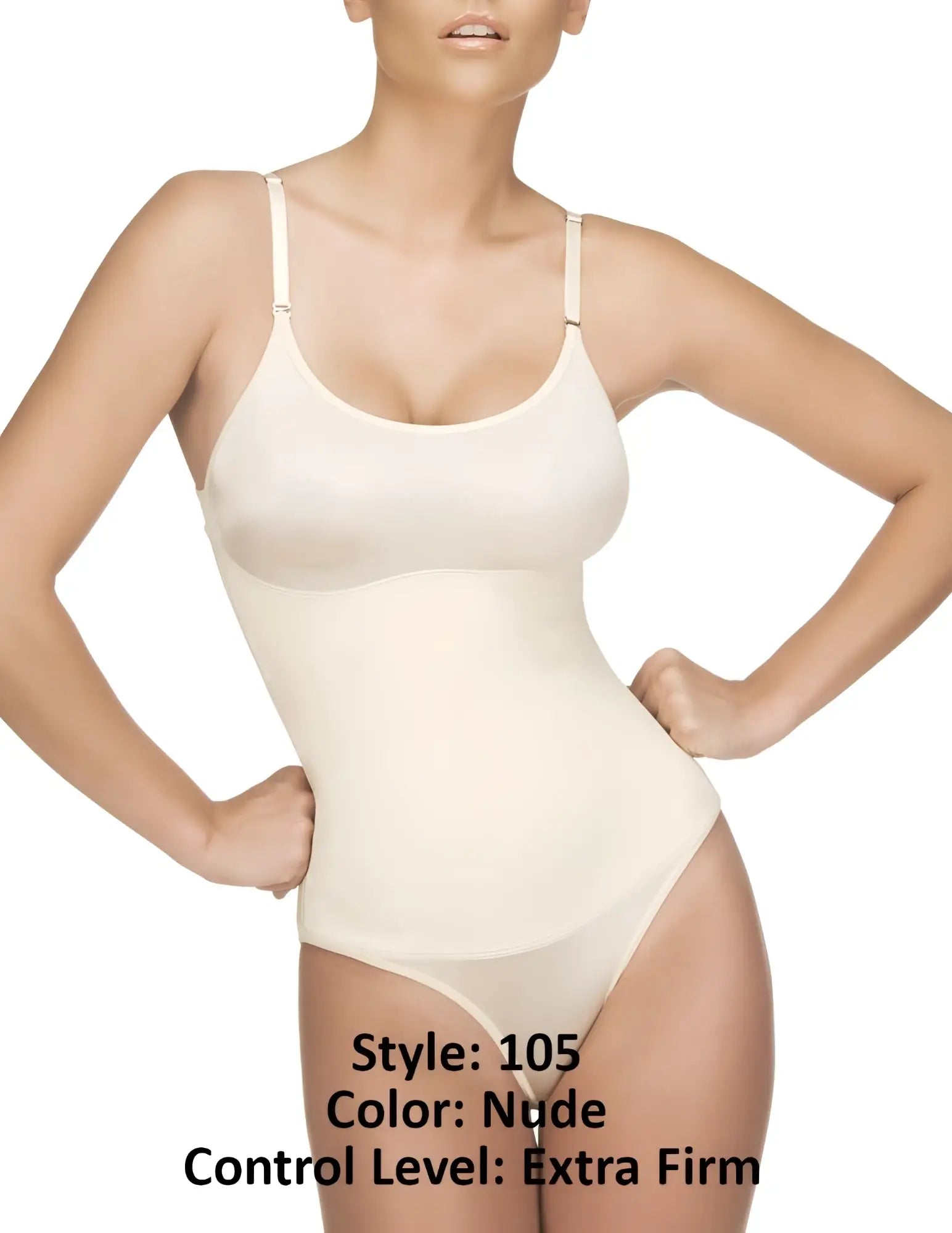 Vedette 105 Lea bodysuit in bikini color nude with extra firm shaping, thin spaghetti straps, and seamless design
