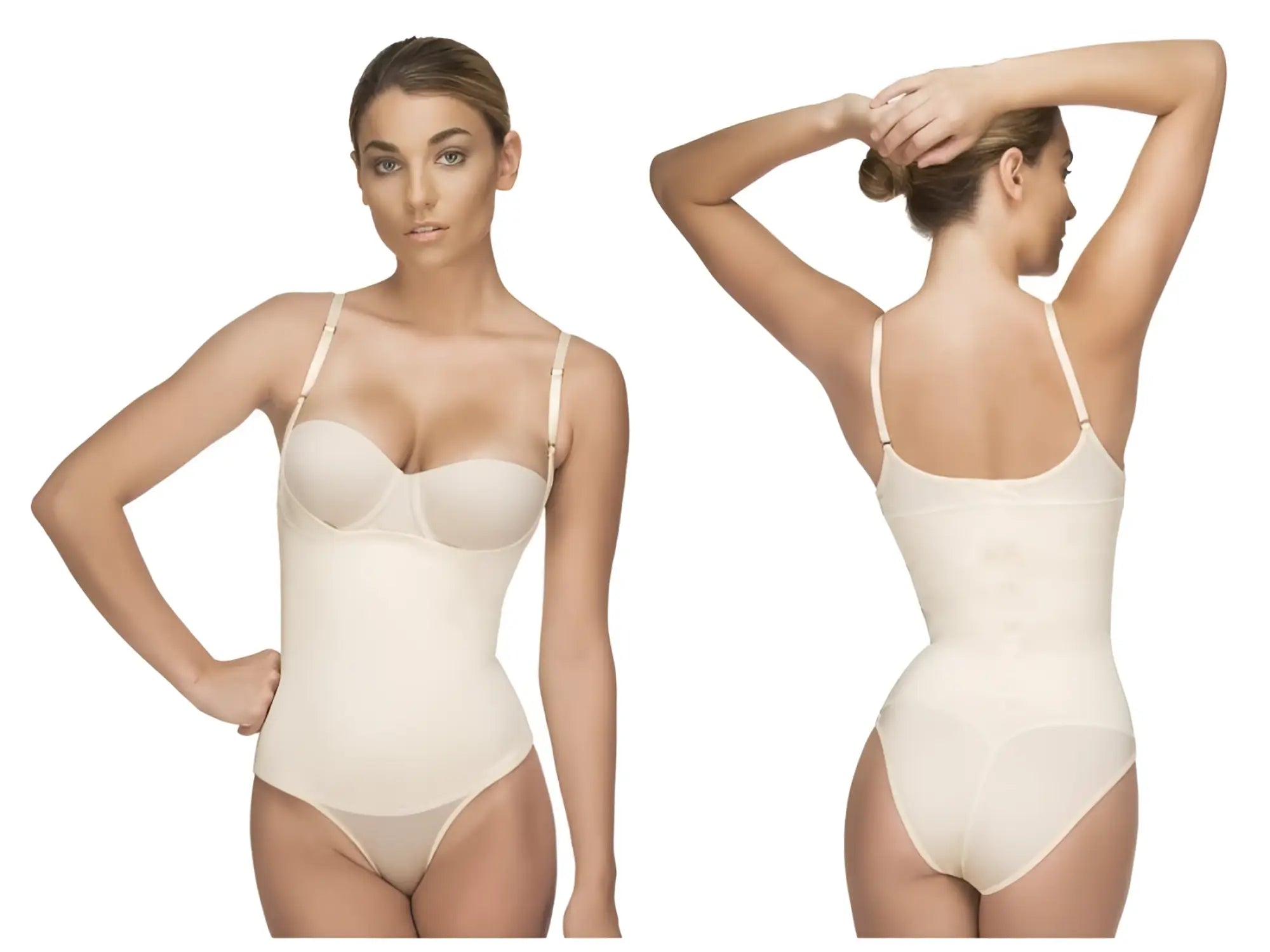 Beige seamless Vedette 107 Evonne underbust bodysuit with thin straps and smooth form-fitting design in nude color
