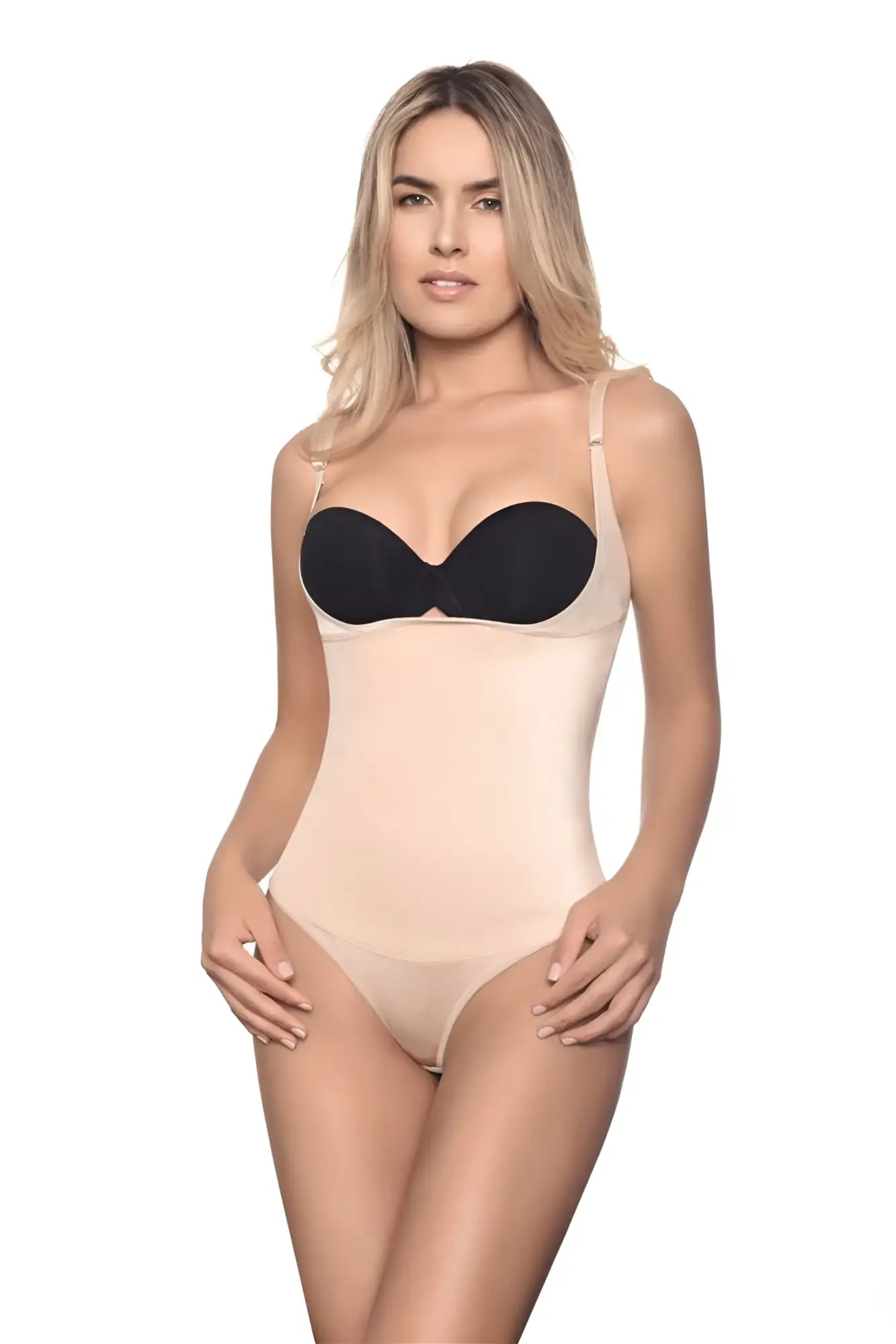Beige nude Vedette 111 Evonne underbust bodysuit with black underwire bra cups and thin straps in thong style