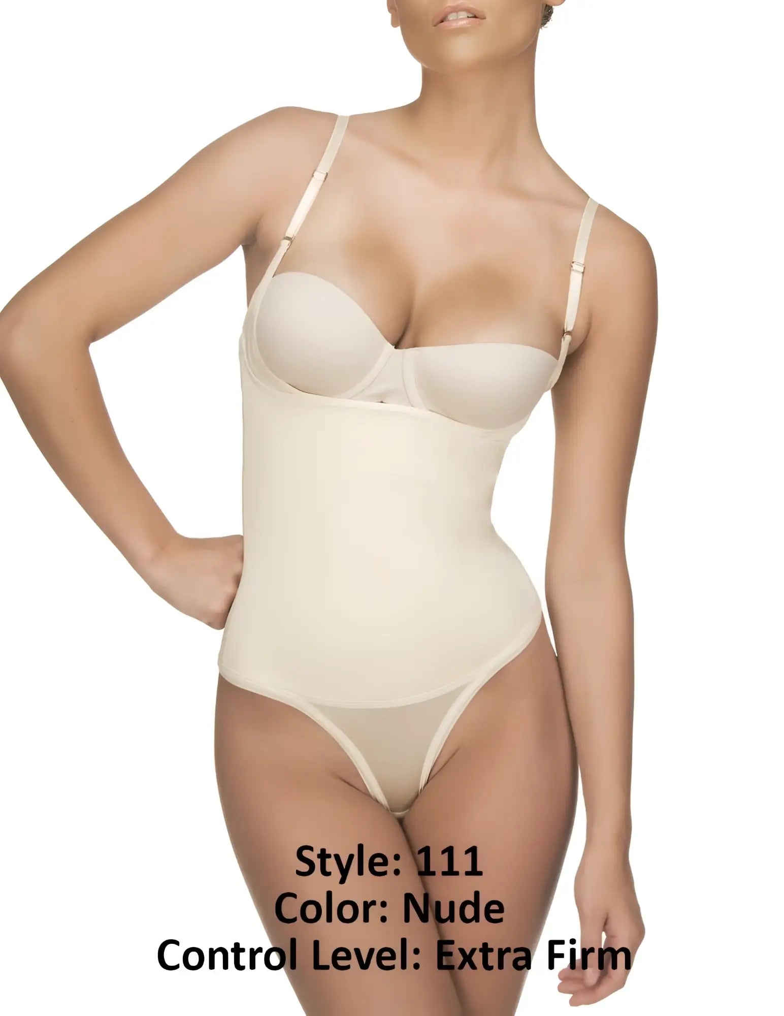 Nude-colored vedette 111 evonne underbust bodysuit with extra-firm fit thin straps and seamless thong design