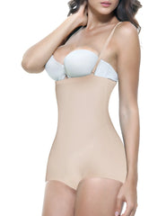 Vedette 123 Lillian strapless body shaper in nude with adjustable beige straps and a light blue bra cup detail