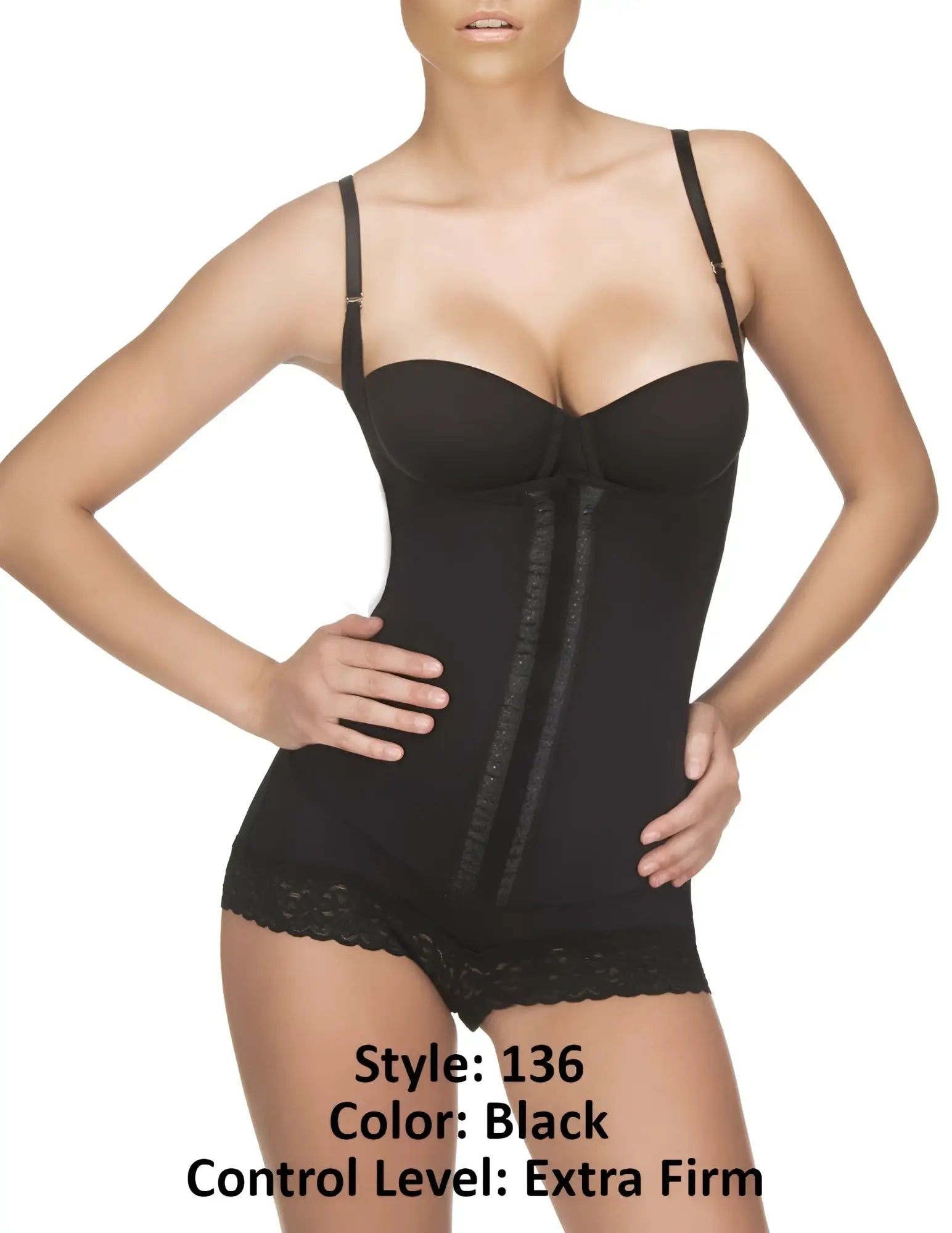 Black vedette 136 megane open bust bodysuit body shaper with lace trim and adjustable straps in extra firm fit