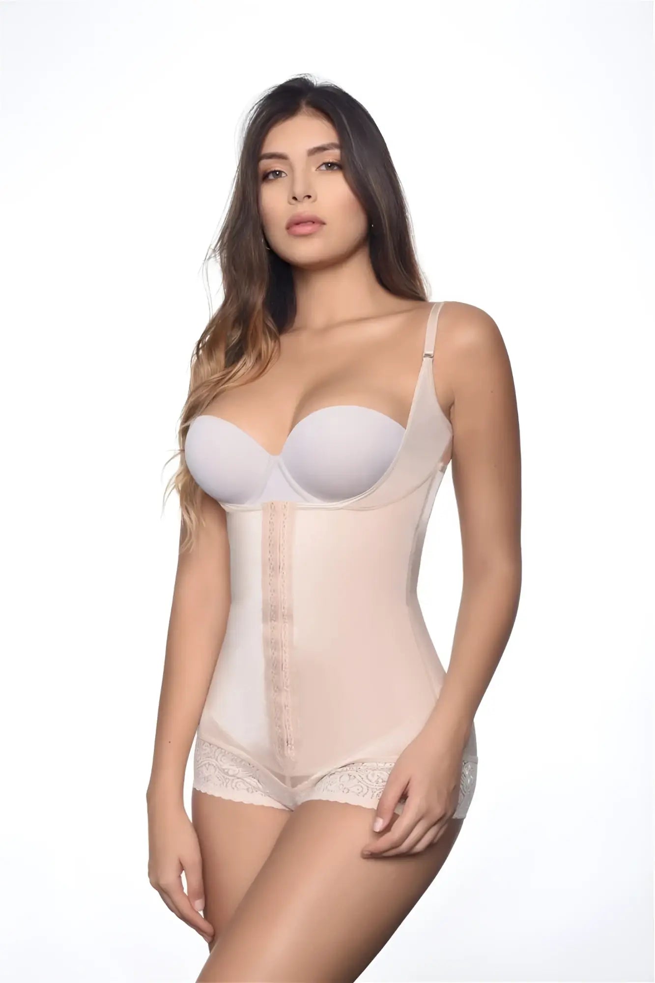 Beige vedette 136 megane open bust bodysuit with lace trim underwire corset and adjustable straps in nude color