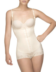 Beige vedette 136 megane open bust shapewear bodysuit with lace trim and adjustable straps in nude color