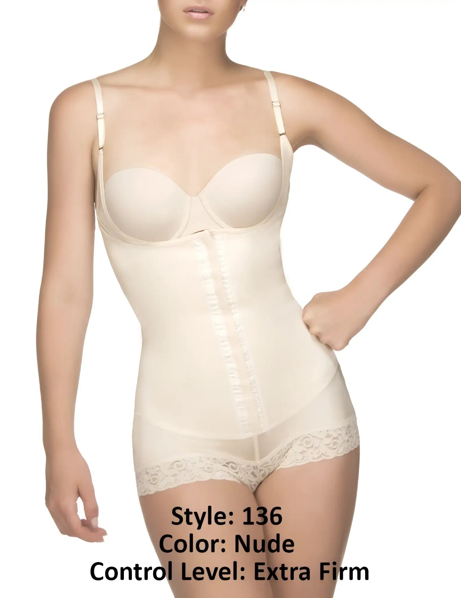 Vedette 136 megane nude extra-firm open bust bodysuit with lace trim waistband and adjustable straps