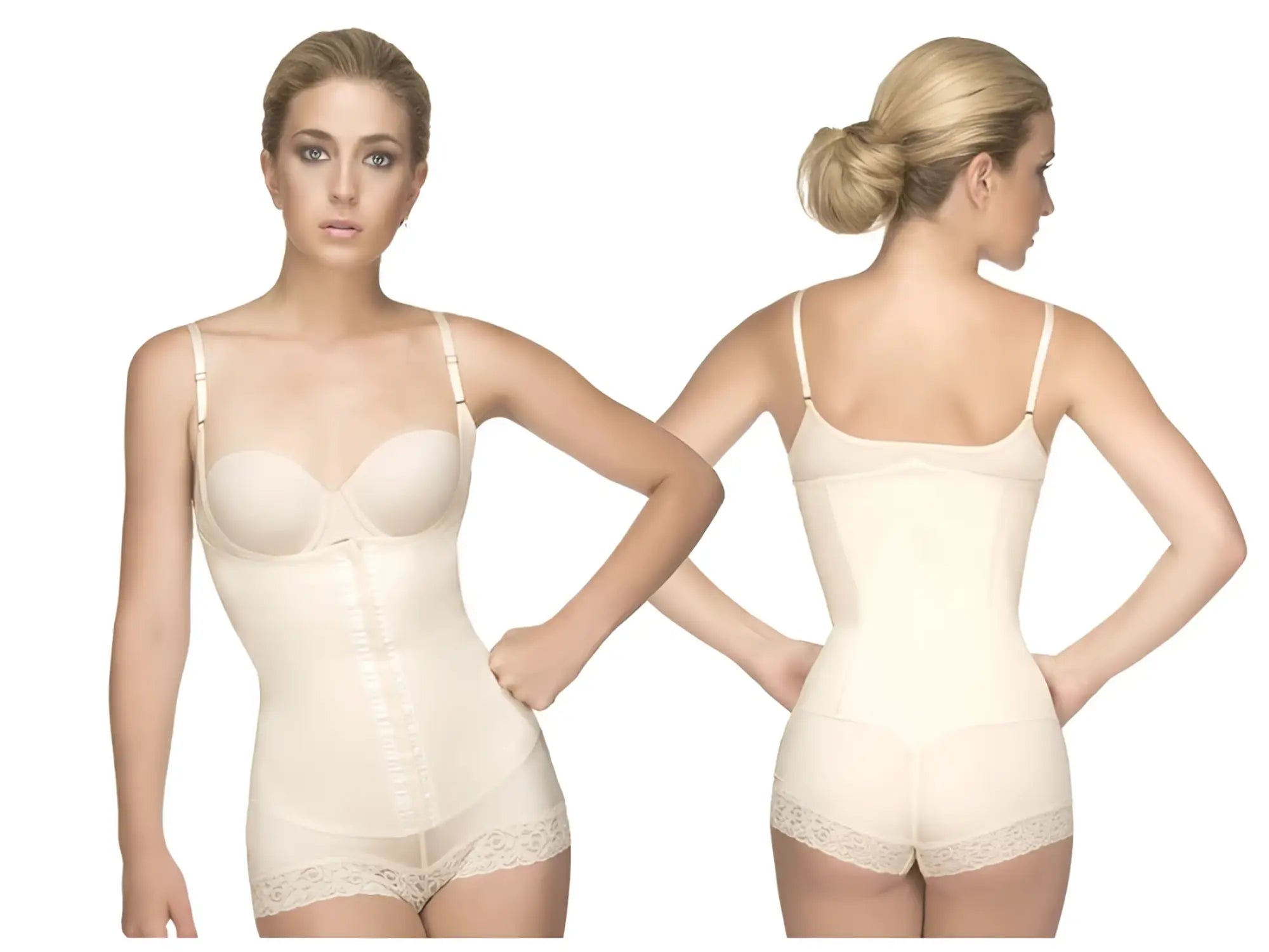 Cream-colored vedette 136 megane open bust bodysuit with lace trim adjustable straps and front zipper closure