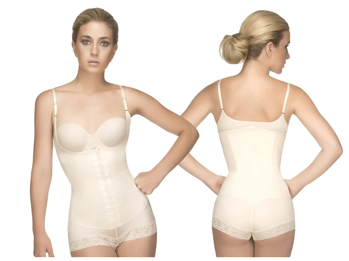 Cream-colored vedette 136 megane open bust bodysuit with lace trim adjustable straps and front zipper closure