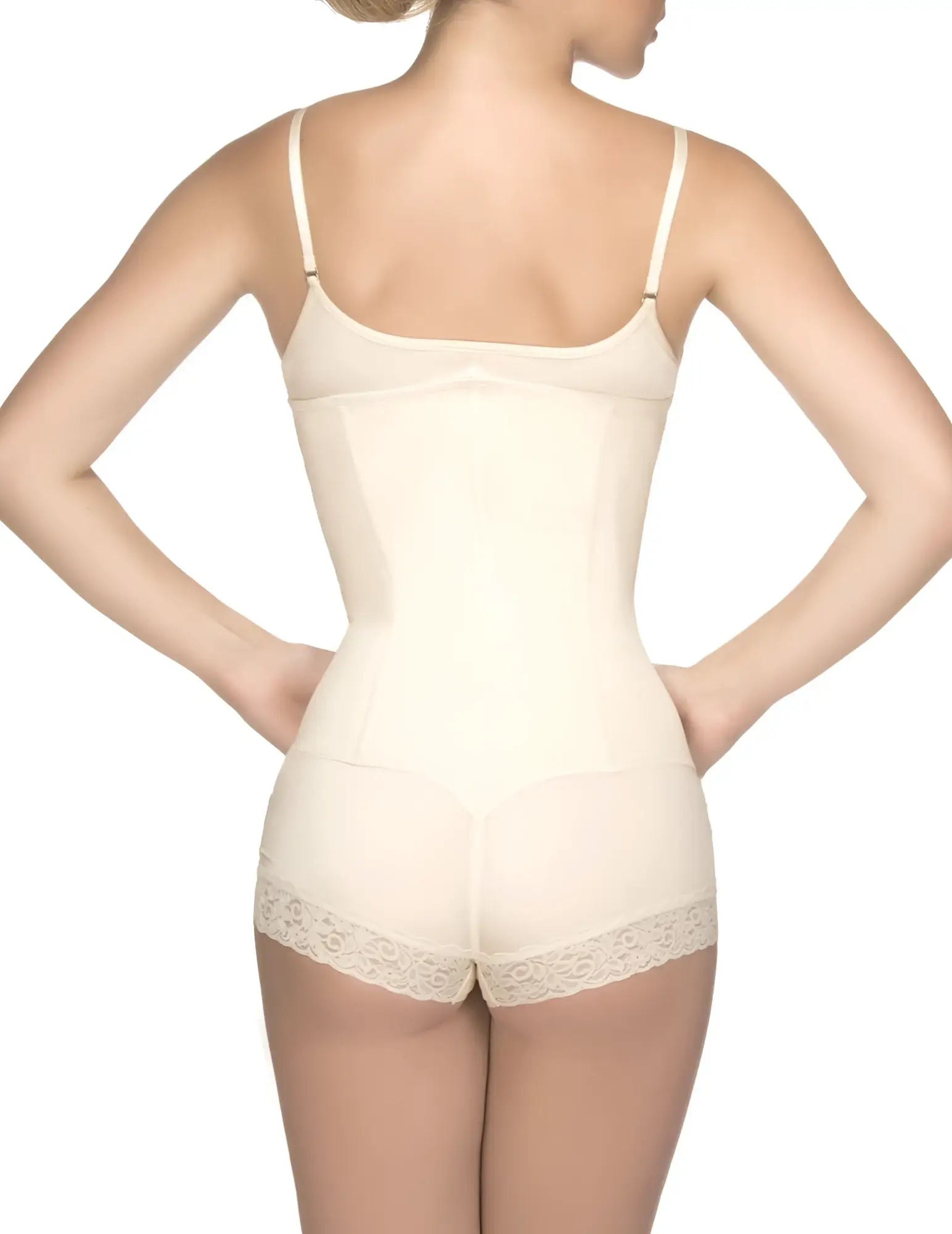 Cream-colored vedette 136 megane open bust bodysuit with seamless body shaper and delicate lace waistband trim