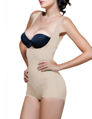 Vedette 138 Lillian high-back nude body-shaping bodysuit with a beige body and black satin bra insert
