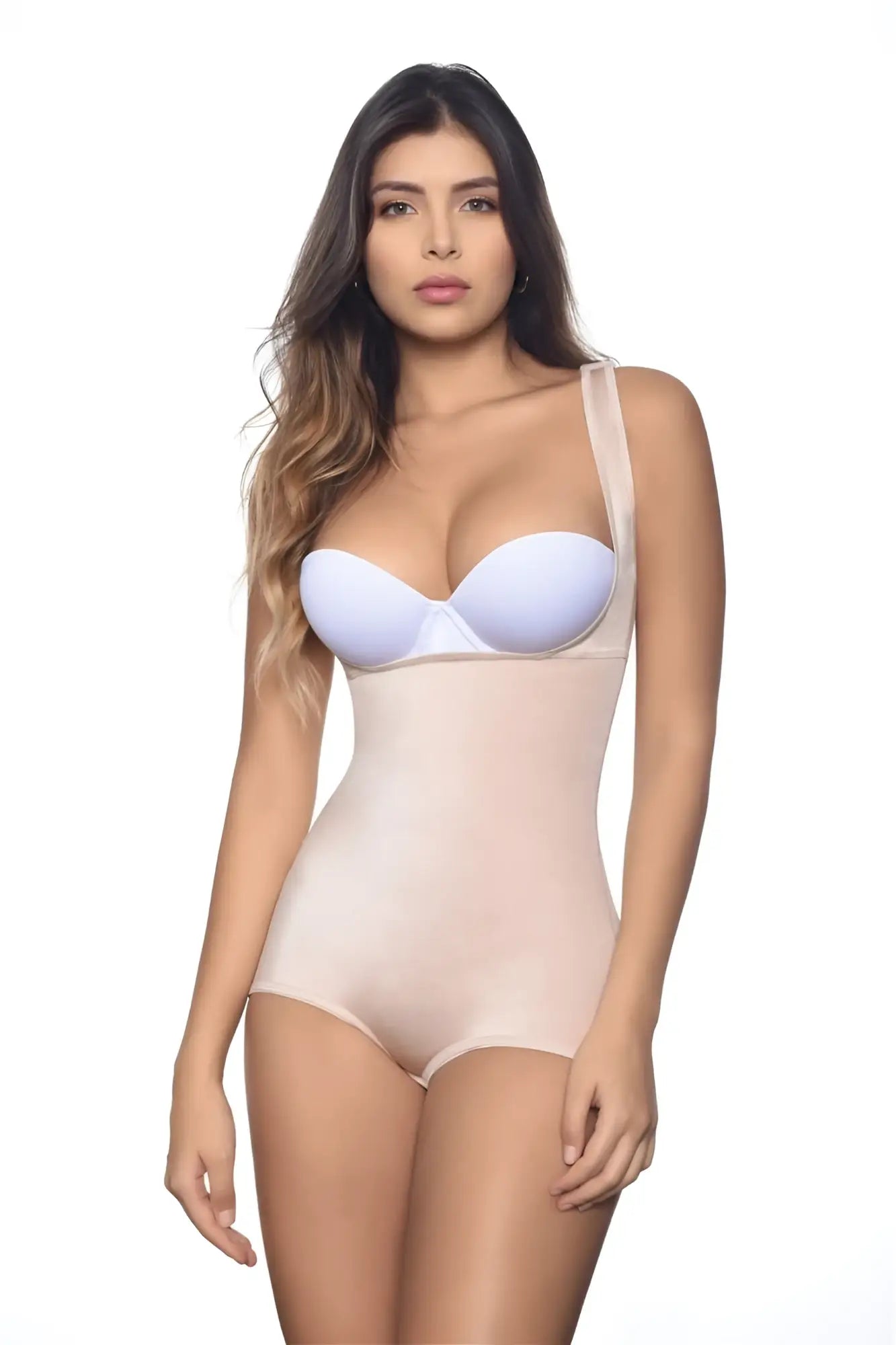 A light blue seamless underwire bra paired with vedette 138 lillian nude high-back underbust body shaper bodysuit