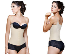 Beige latex underbust waist cincher with black lace trim and matching black bra cup vedette 200 renee nude