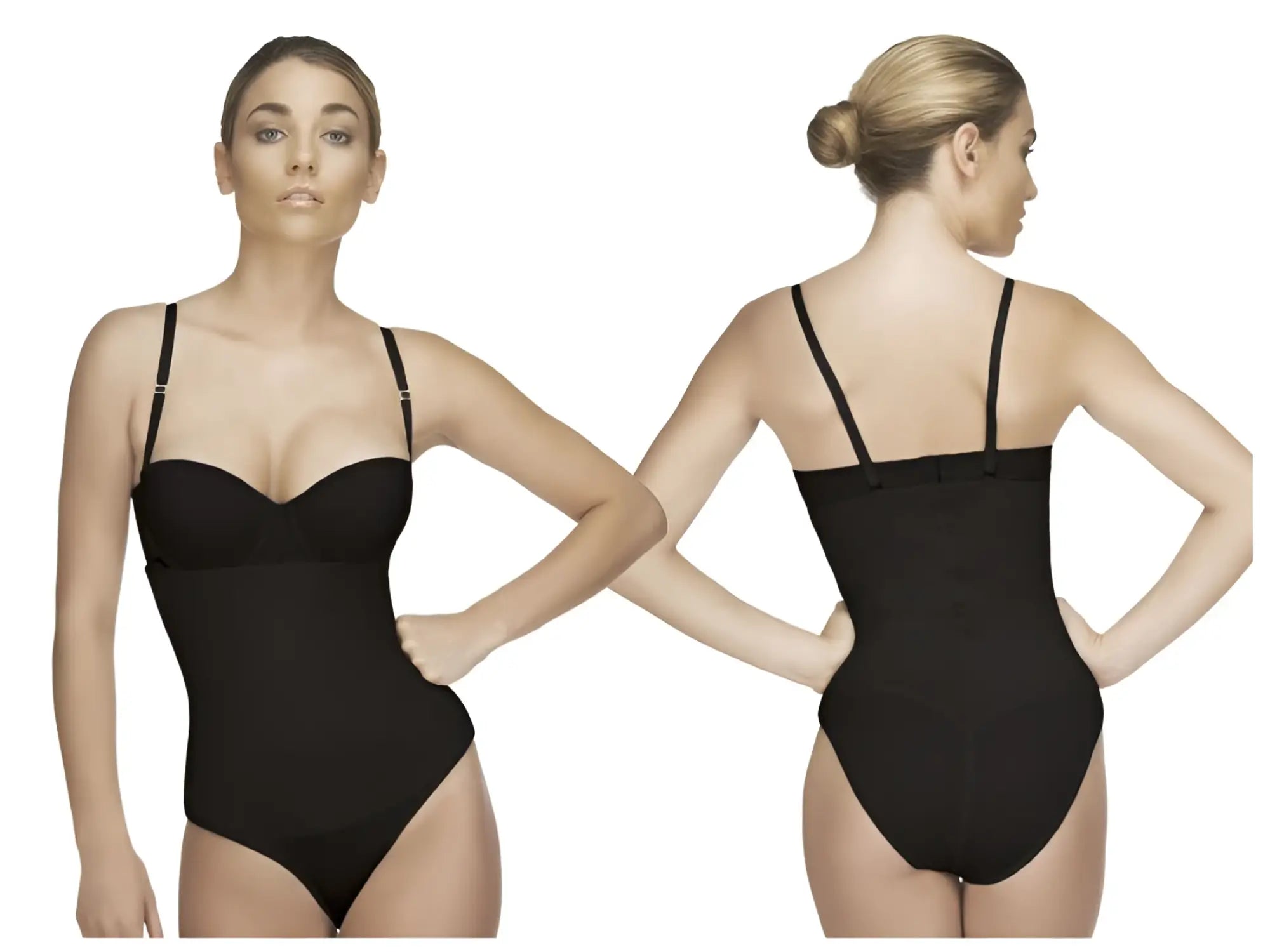 Black seamless Vedette 210 Nadine strapless bodysuit with thin straps and form-fitting design in bikini color black
