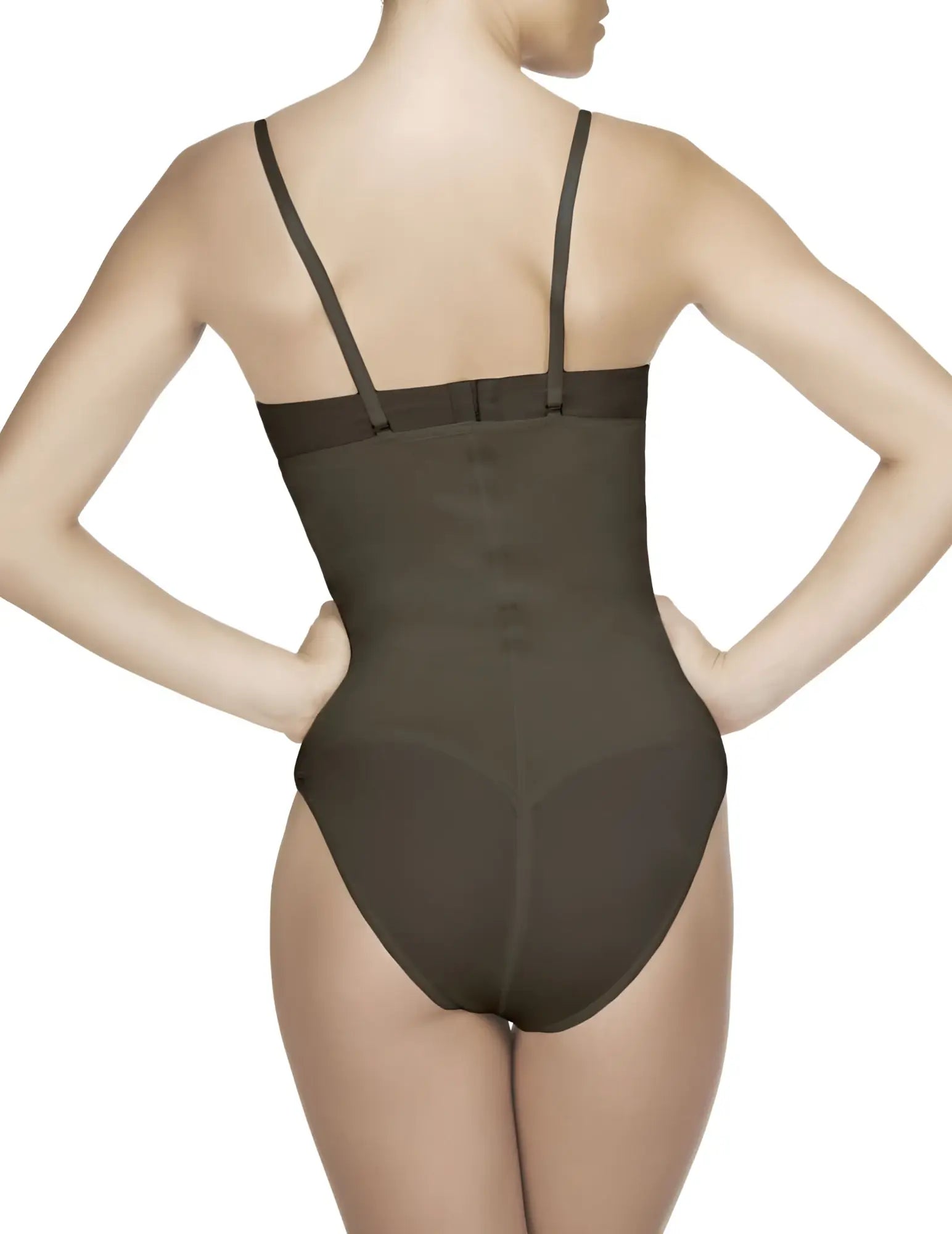 Vedette 210 Nadine strapless bodysuit in bikini color black featuring a sleek dark olive bodycon design with thin black straps