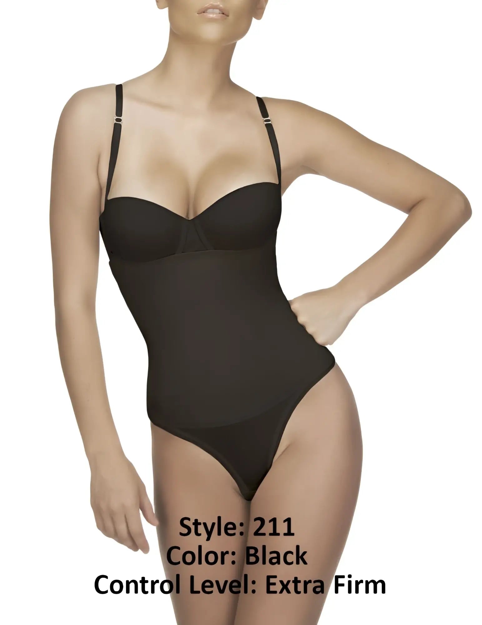 Black Vedette 211 Nadine strapless bodysuit in thong style with extra firm control and thin straps