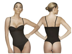 Black seamless Vedette 211 Nadine strapless bodysuit with thin shoulder straps and supportive back panel in thong style