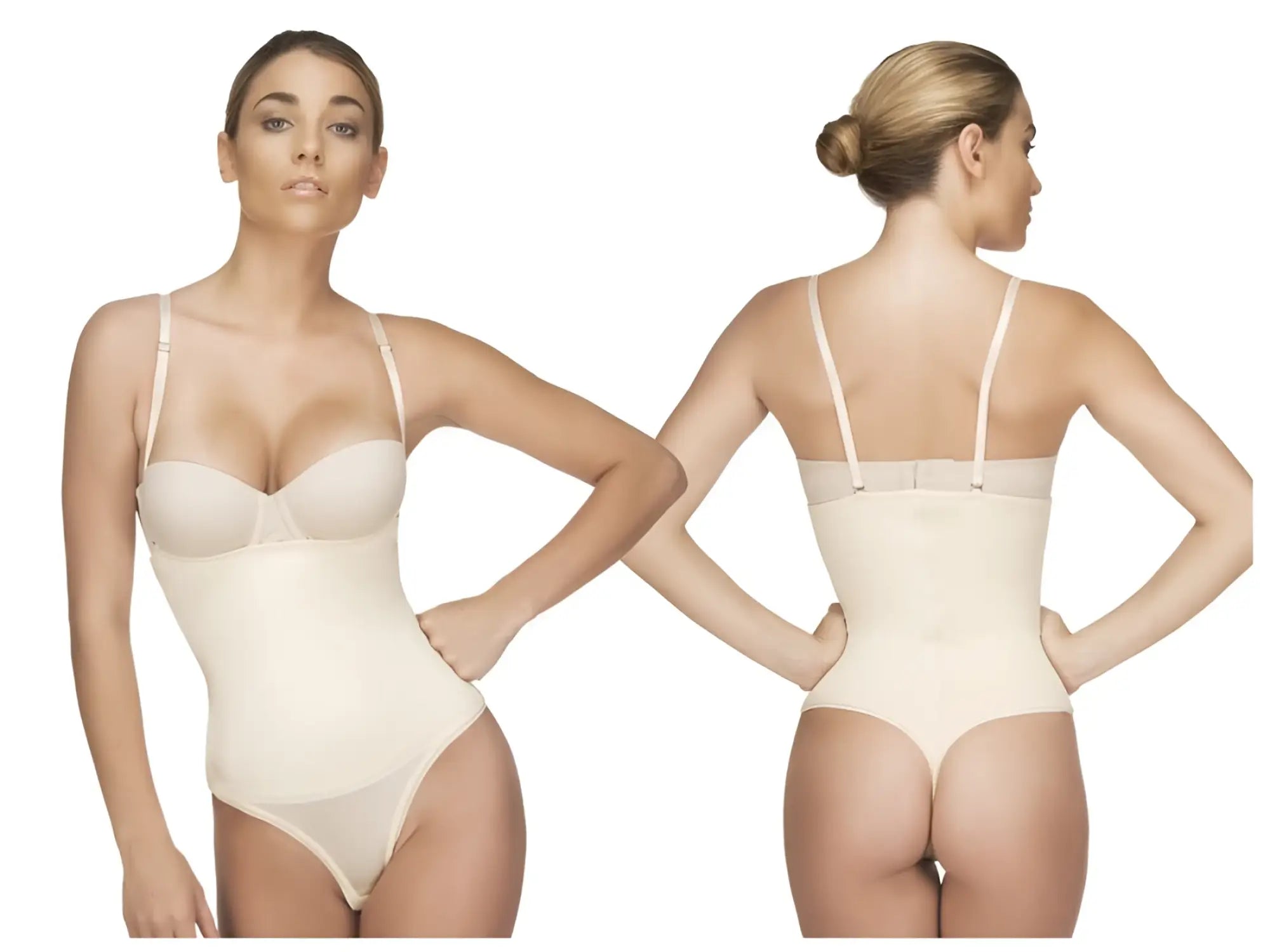 Beige vedette 211 nadine strapless bodysuit thong in nude with thin straps and smooth seamless body shaper design
