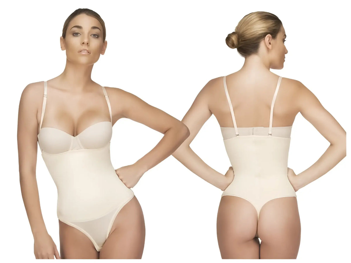 Beige vedette 211 nadine strapless bodysuit thong in nude with thin straps and smooth seamless body shaper design