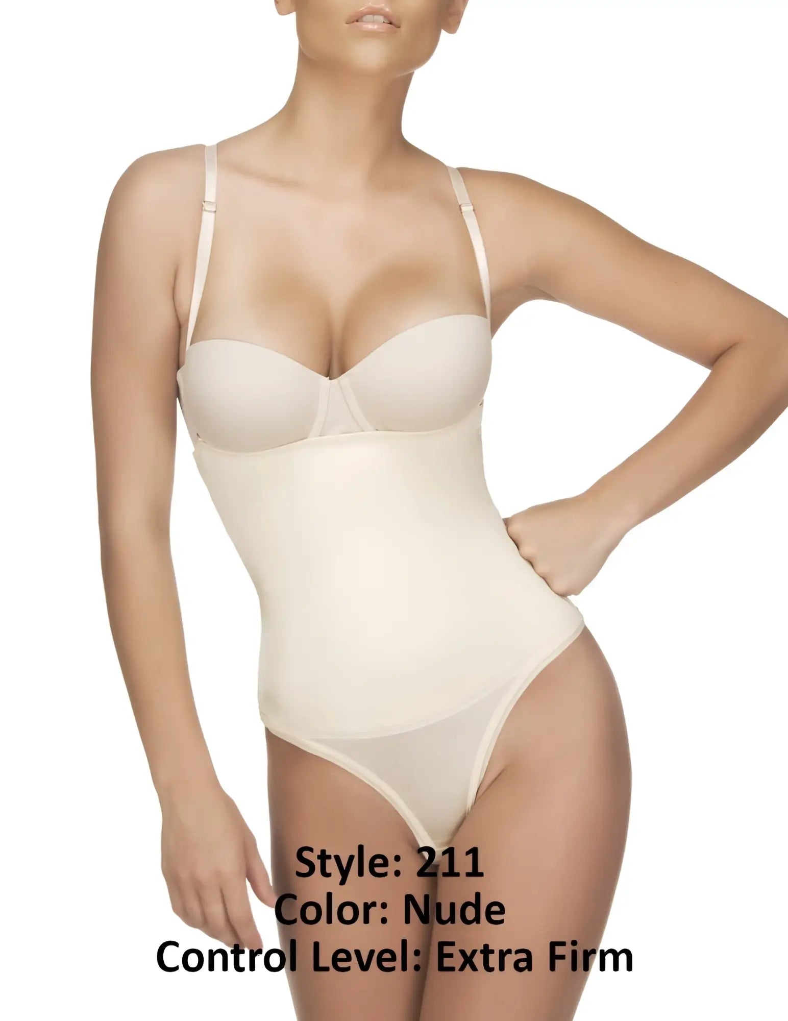 Nude-colored Vedette 211 Nadine strapless bodysuit with extra-firm fit thin straps and seamless thong design