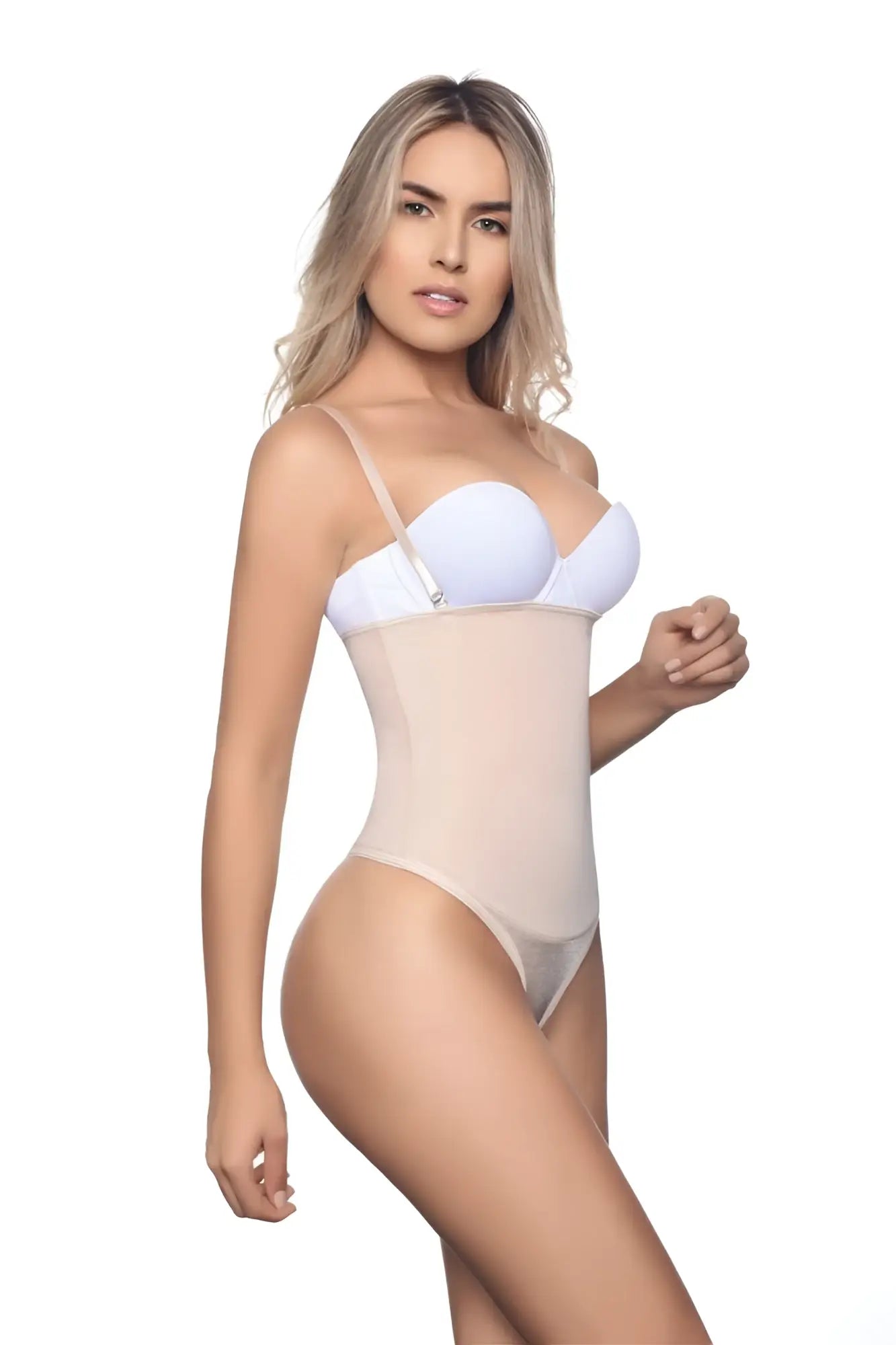 Vedette 211 Nadine strapless bodysuit in thong nude color with thin straps and smooth beige and white fabric design