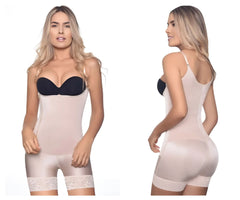 Beige vedette 3132 body shaper with black bra top, lace trim hem, and zipper closure in nude color