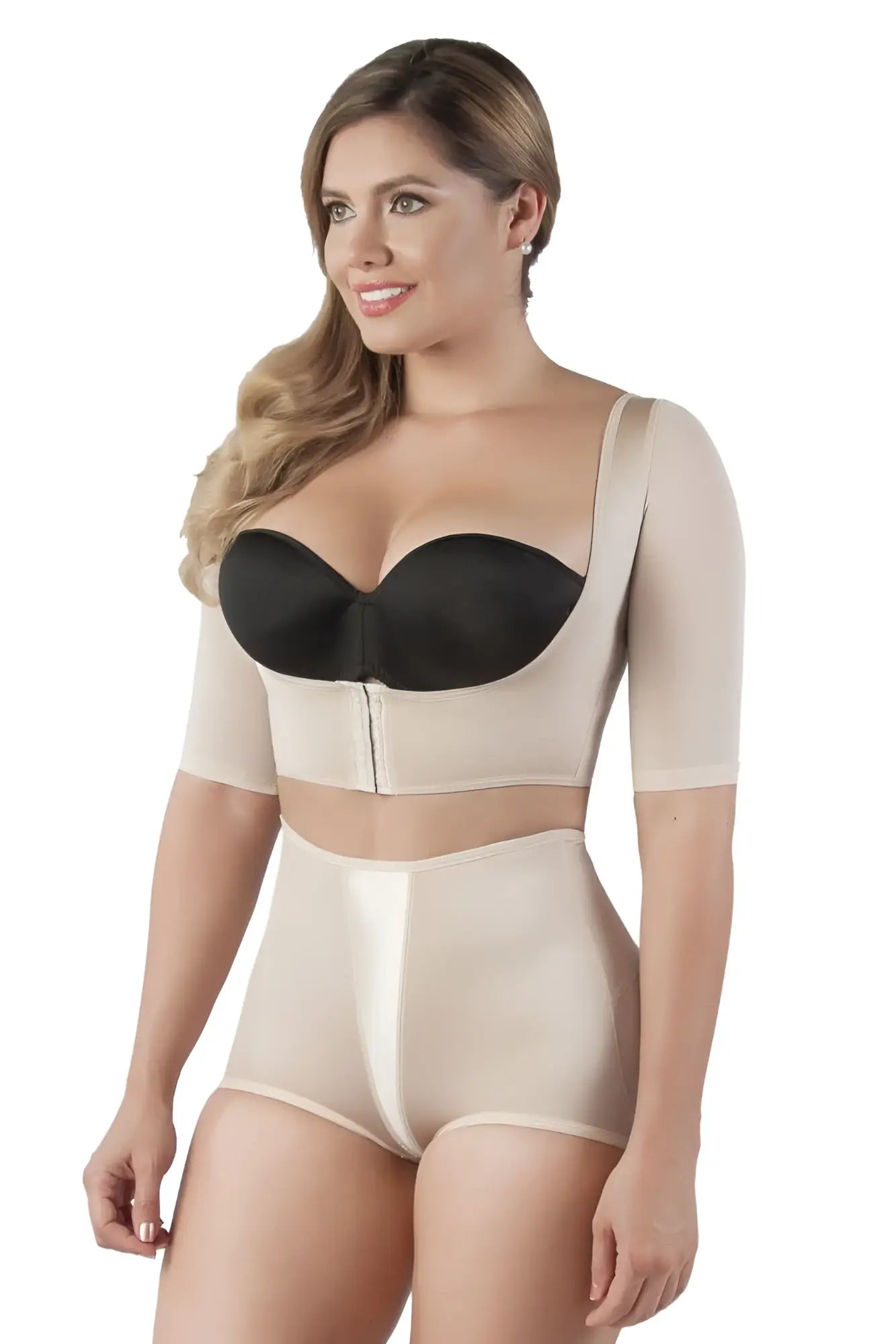 Beige and black vedette 3133 arm compression vest two-piece shapewear set with short sleeve top and high-waisted shorts