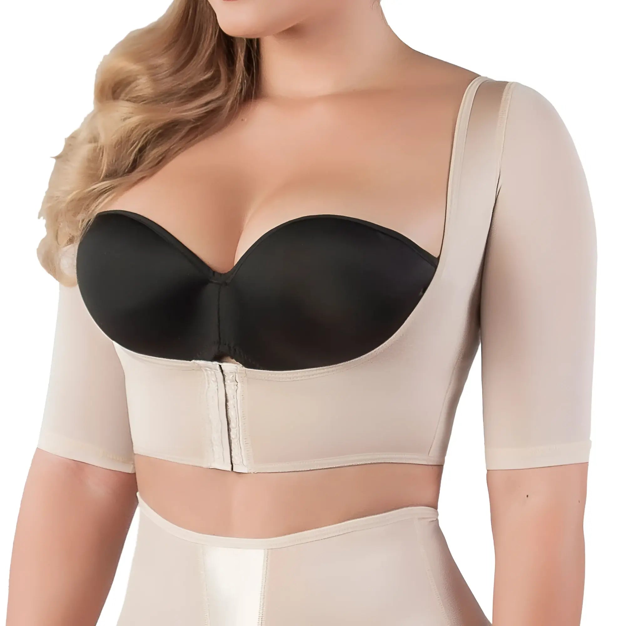 Beige and black vedette 3133 arm compression vest with underwire bra, adjustable straps, and front zipper closure