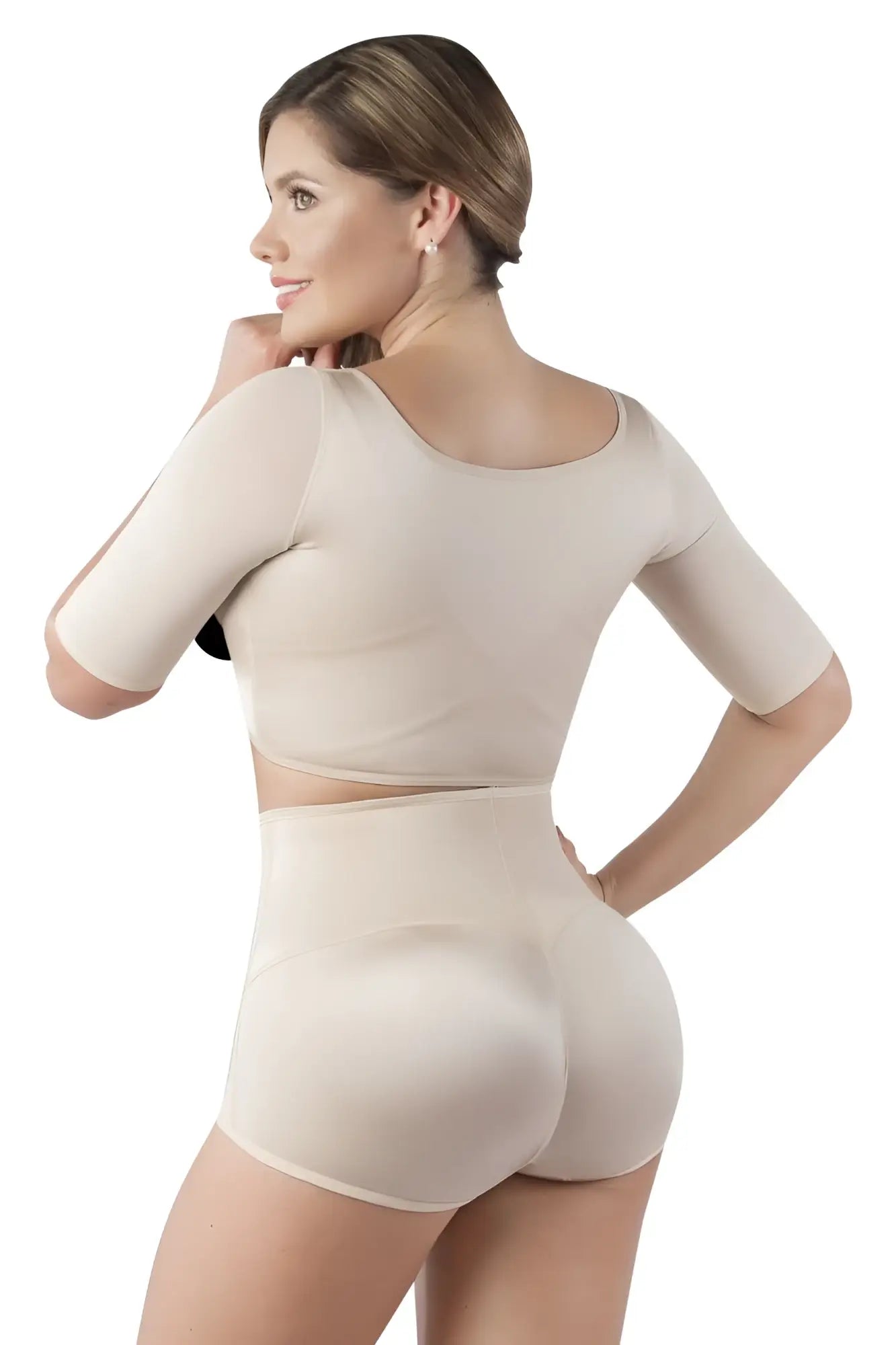 Beige vedette 3133 arm compression vest set with three-quarter sleeves and high-waisted briefs in smooth stretch fabric