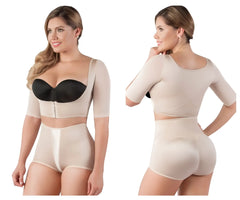 Beige Vedette 3133 arm compression vest shapewear set with black bra cups and high-waisted shorts for shaping