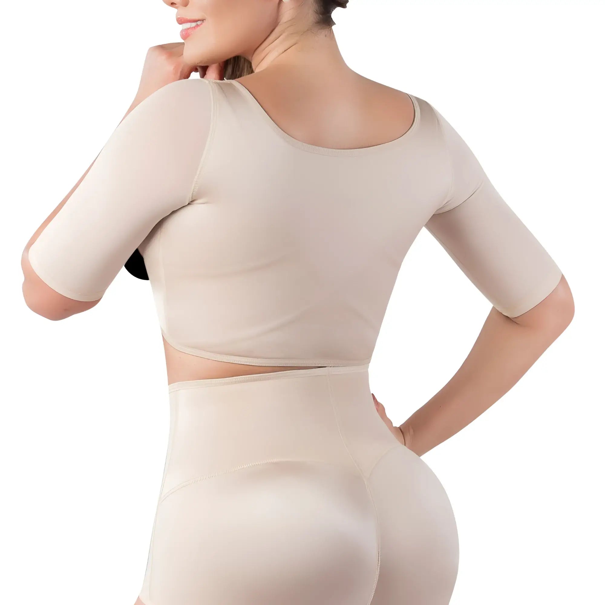 Beige vedette 3133 two-piece shapewear set with arm compression vest short sleeves and high-waisted shorts