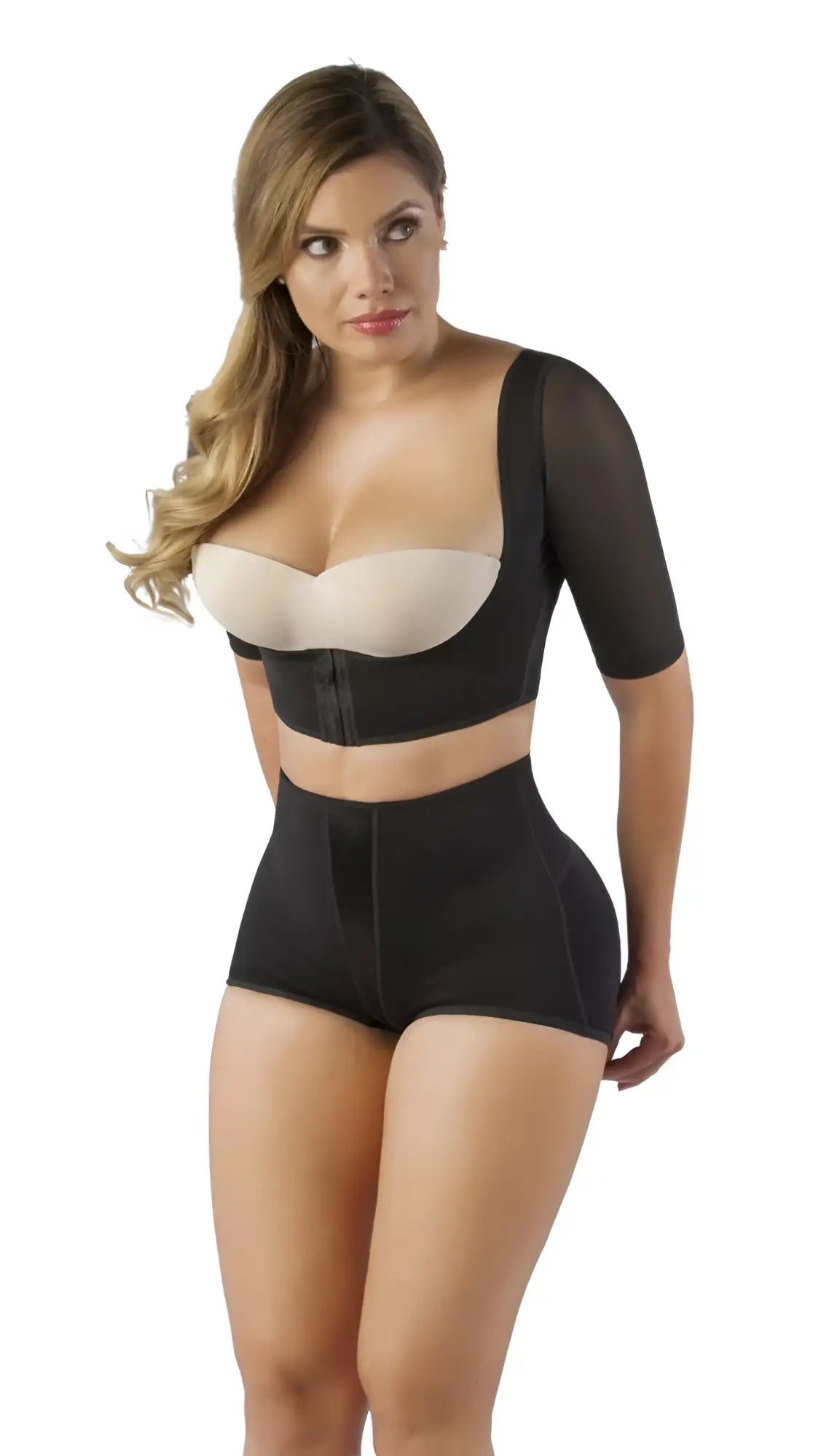 Vedette 3133 black arm compression vest with beige two-piece body shaper mesh sleeves and elastic waistband