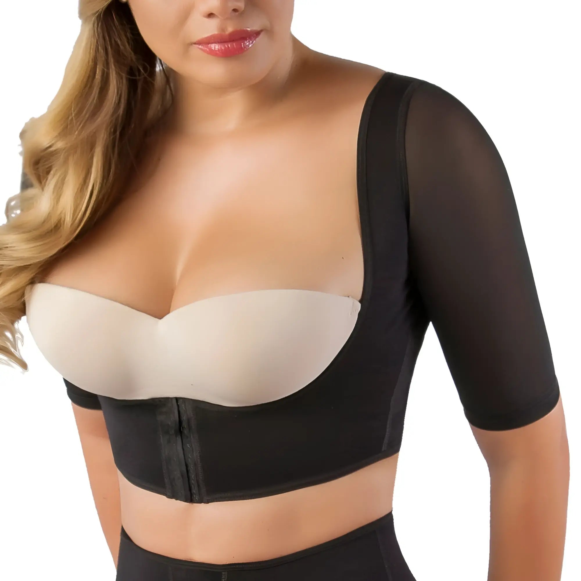 Vedette 3133 arm compression vest black with beige padded cups black mesh sleeves and central zipper underwire bra