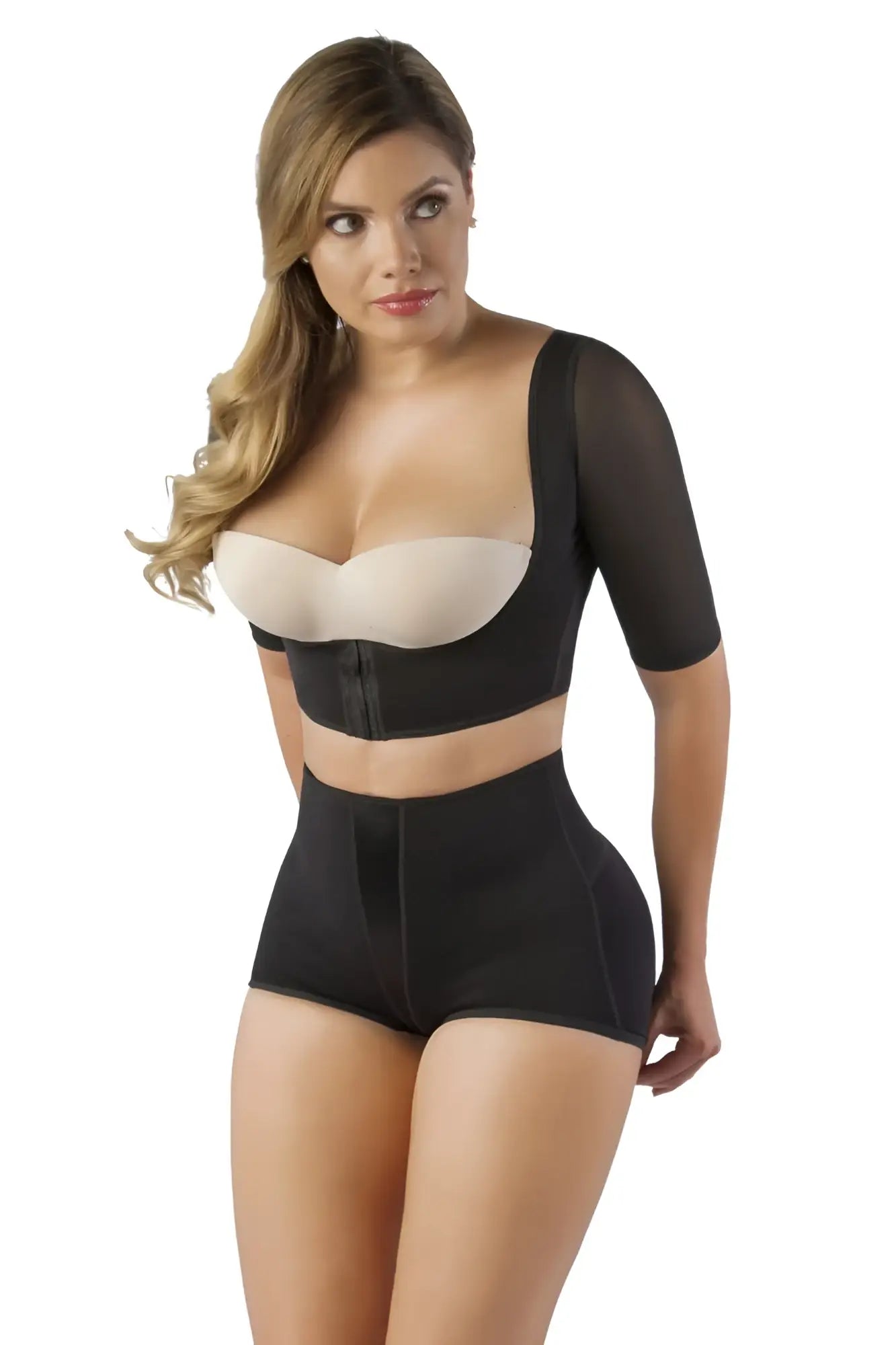 Black three-quarter sleeve Vedette 3133 arm compression vest with beige underwire bra insert for shaping and support
