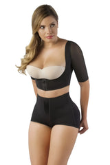 Black three-quarter sleeve Vedette 3133 arm compression vest with beige underwire bra insert for shaping and support