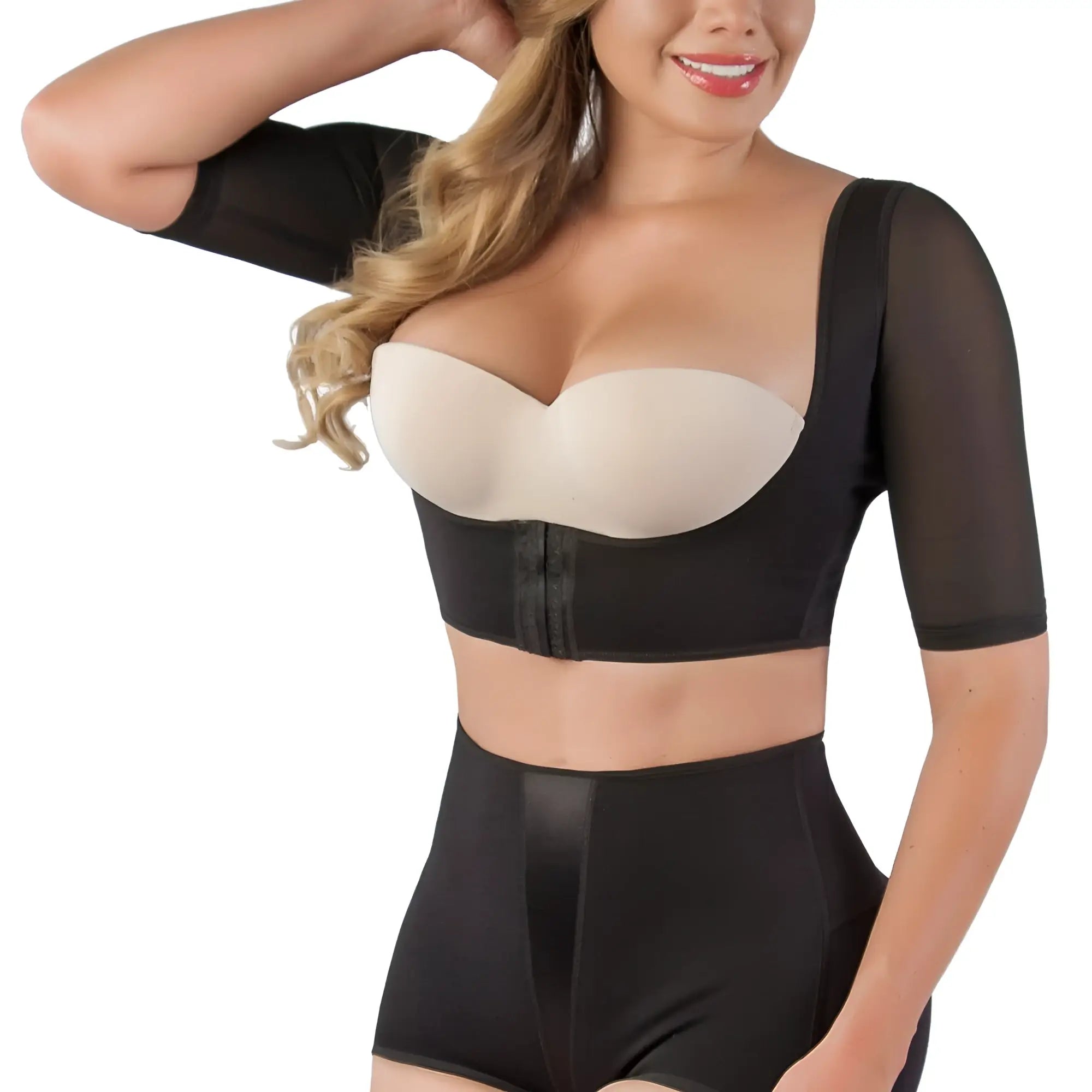 Black vedette 3133 arm compression vest with sheer mesh sleeves and matching high-waisted shapewear shorts
