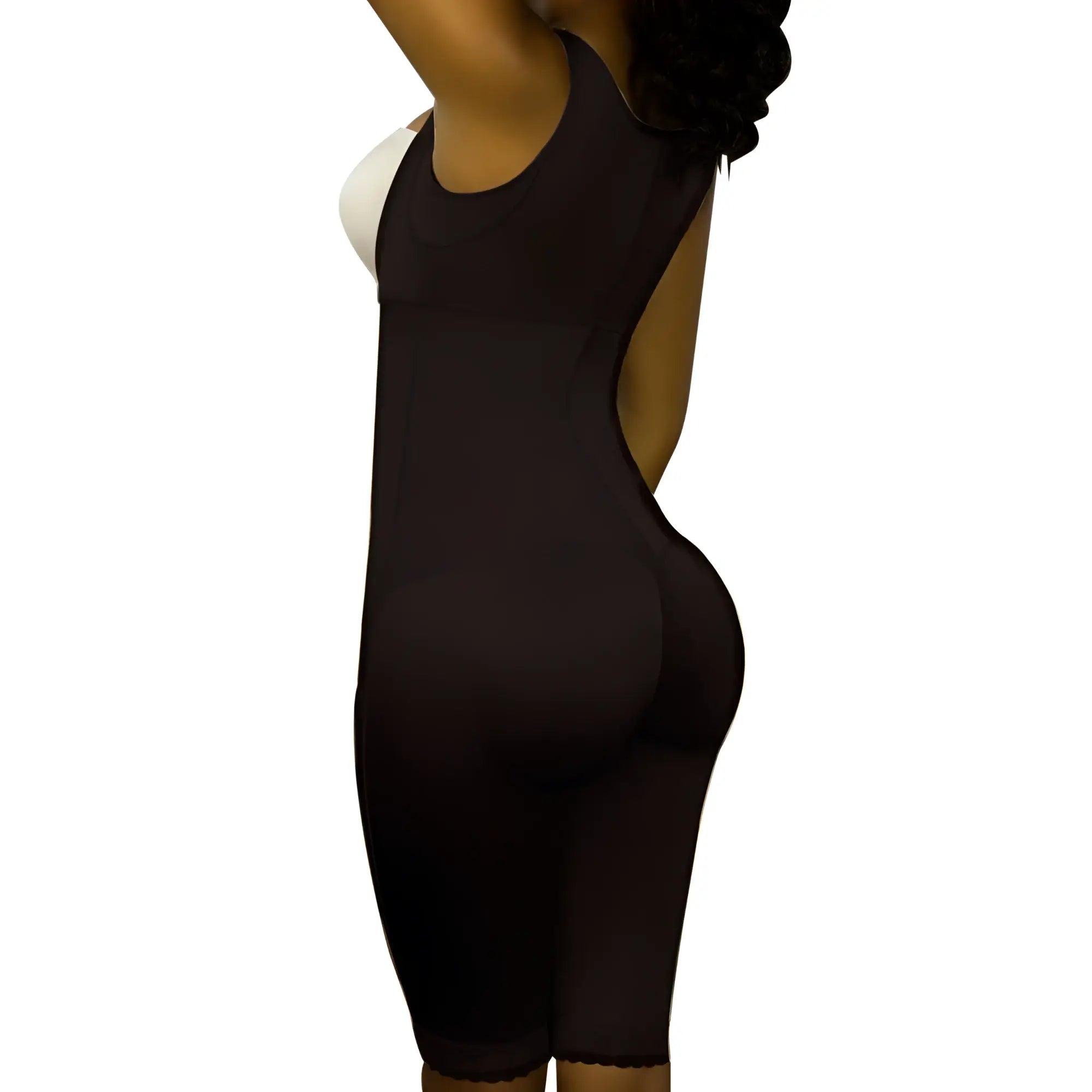 Black vedette 350 marcelle high back full body shaper with racerback design and scalloped hem shown from back side