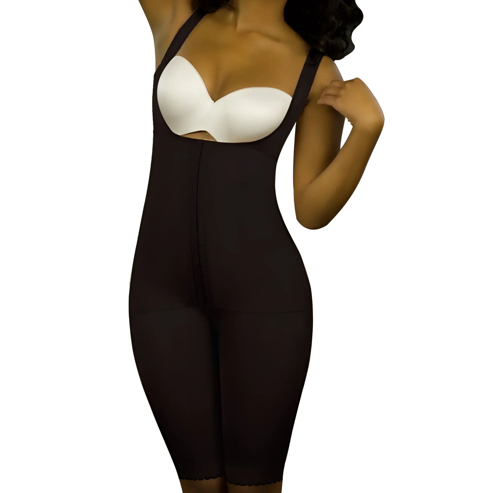 Black Vedette 350 Marcelle high back full body shaper with white underwire bra insert in shapewear bodysuit design