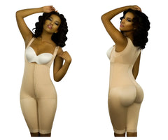 Beige nude vedette 350 marcelle high back full body shaper with front zipper and lace trim at hem