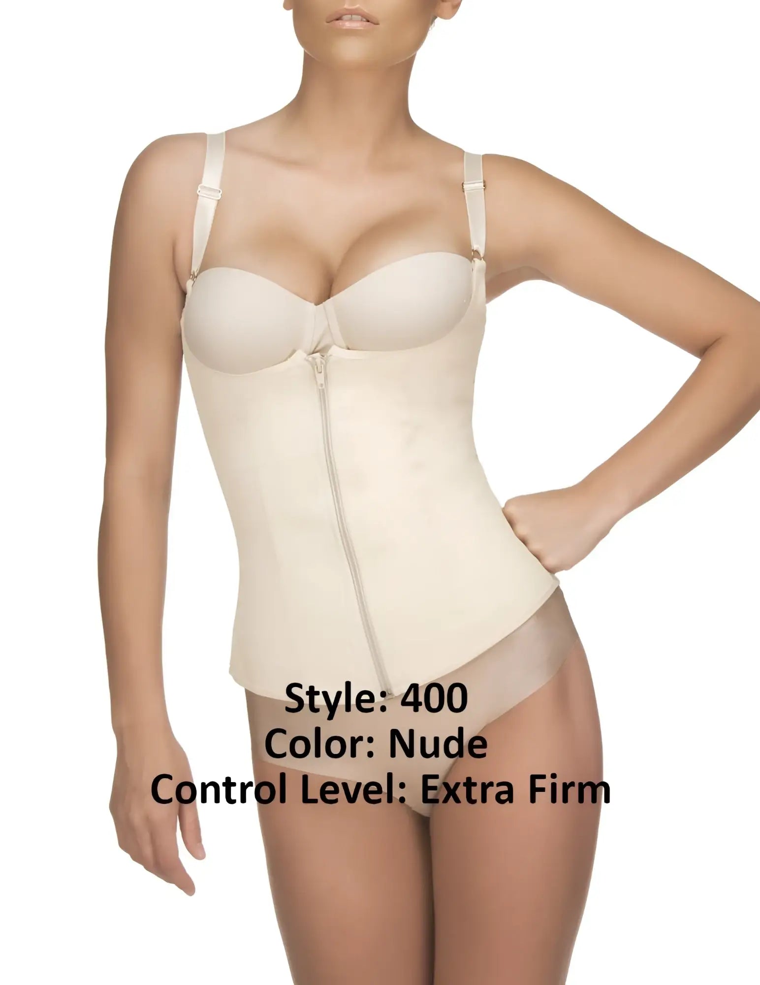 Nude-colored extra-firm Vedette 400 Felice underbust waist cincher with thin straps and front zipper