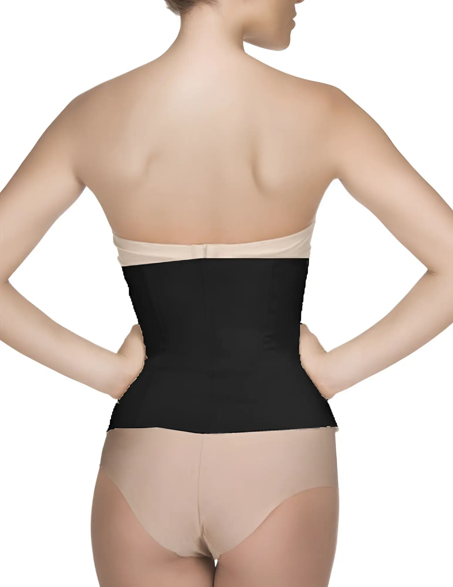 Black Vedette 403 Gigi waist cincher with zipper featuring beige trim for waist shaping and support