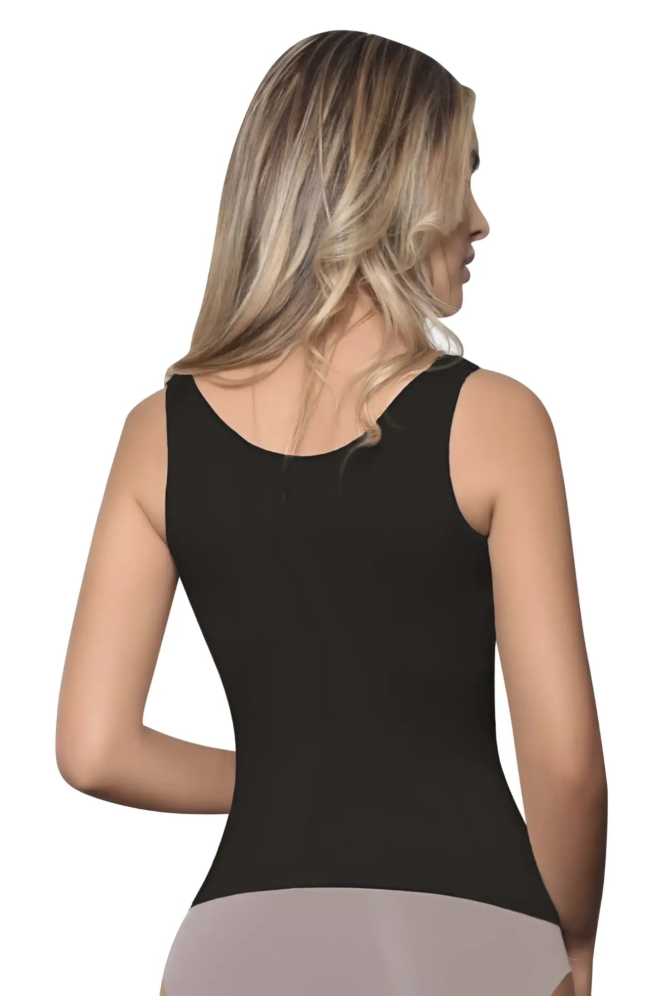 Black vedette 5086 firm control sleeveless tank top with rounded neckline and fitted silhouette for shaping wear