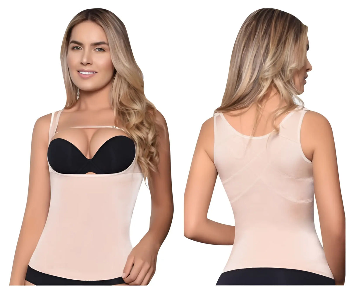 Vedette 5086 firm control tank-top in nude with beige and black seamless body shaper and supportive bra insert