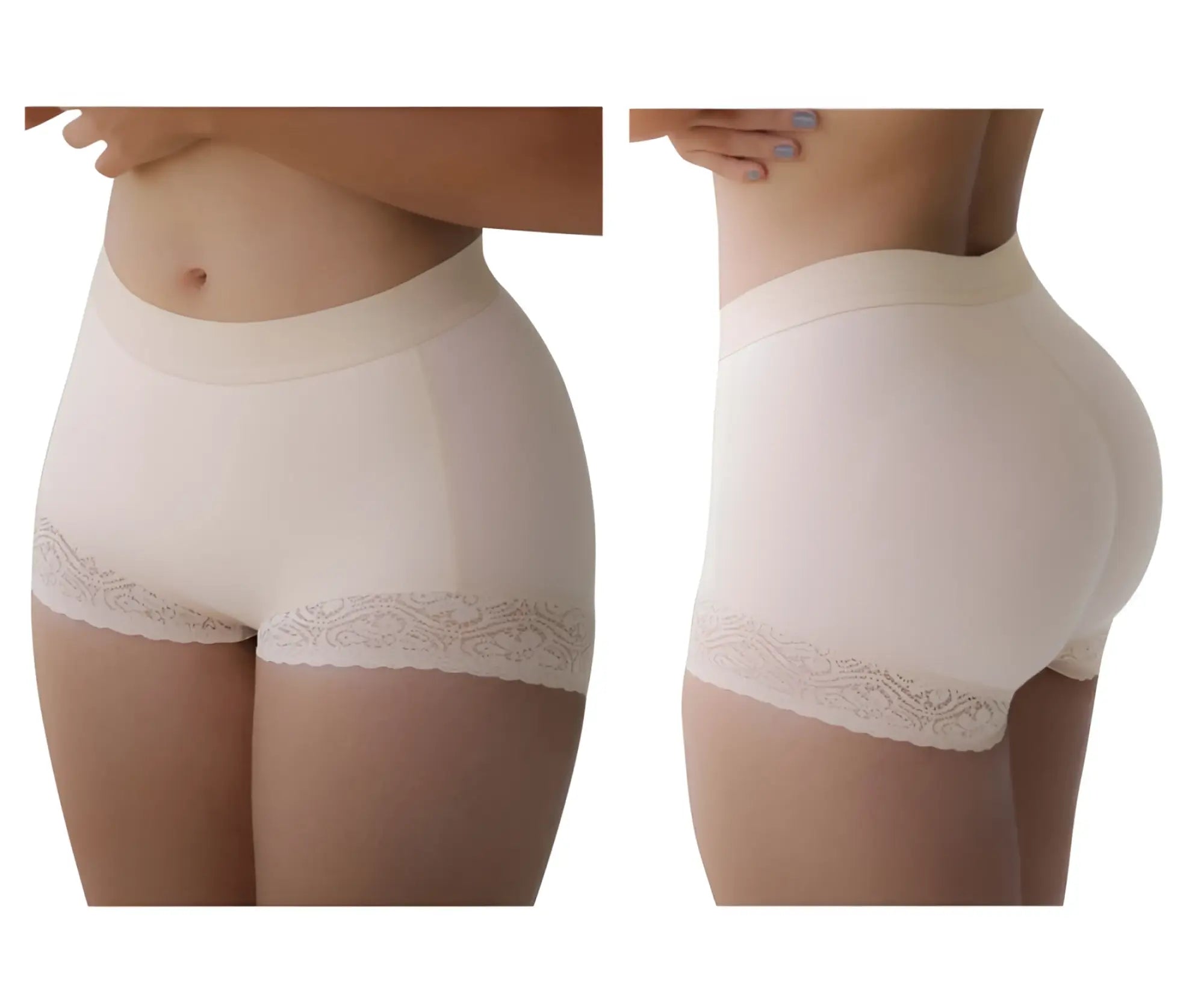 Cream-colored Vedette 5092 nude high-waisted butt lifter shaper short with delicate lace trim on leg openings back view