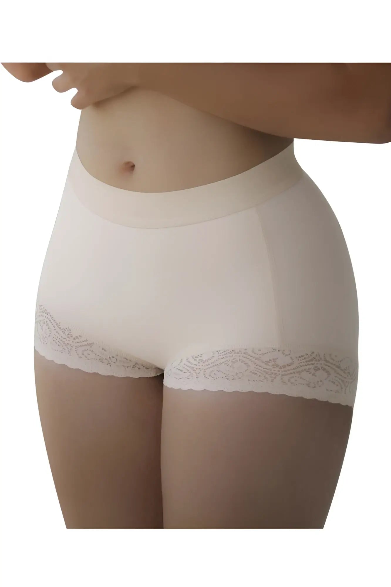 Vedette 5092 butt lifter shaper short in nude cream color with high waist and delicate lace trim on leg openings