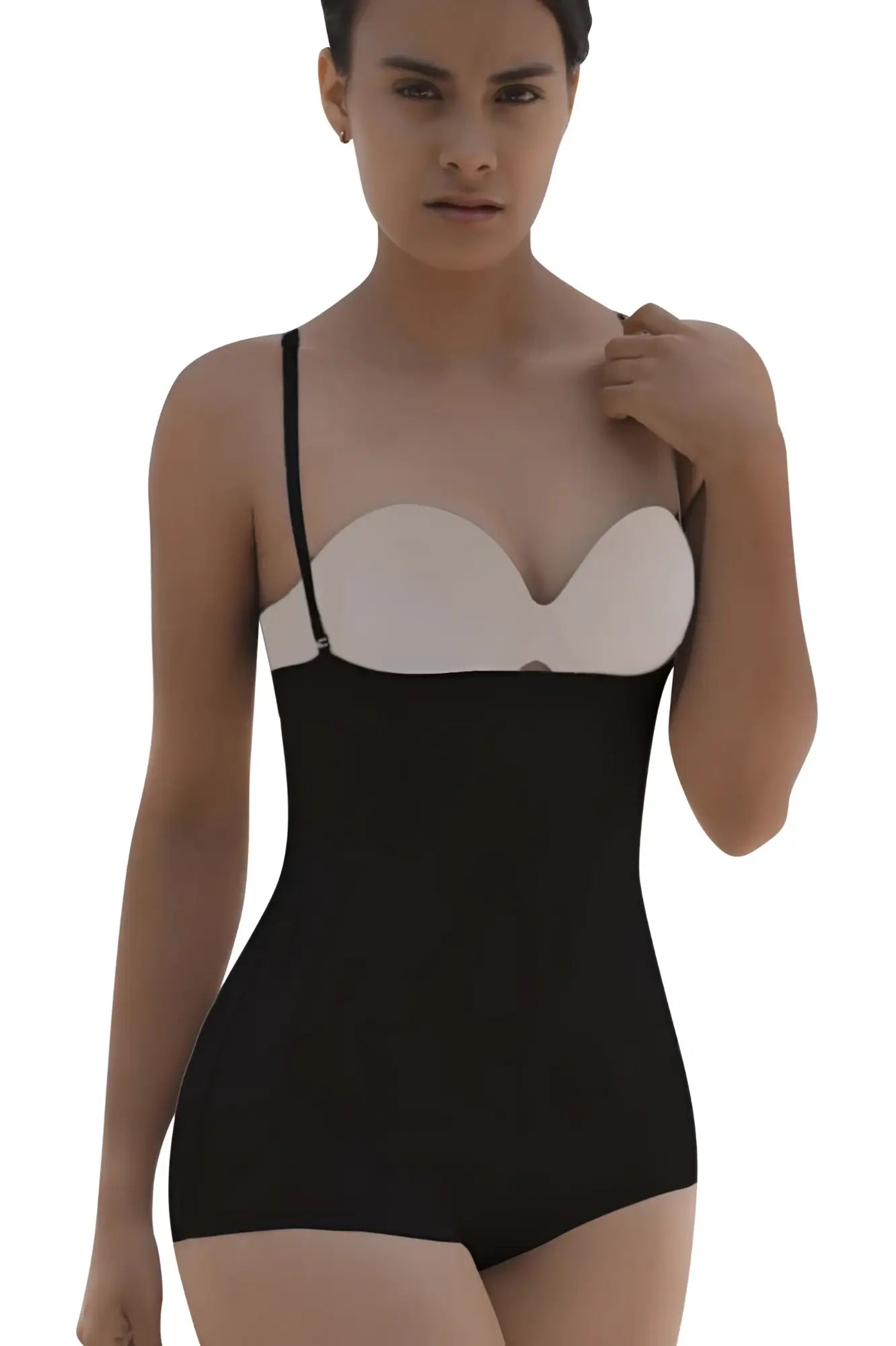 Black and white Vedette 5099 strapless bodycon bodysuit with seamless form-fitting design and butt lifter feature