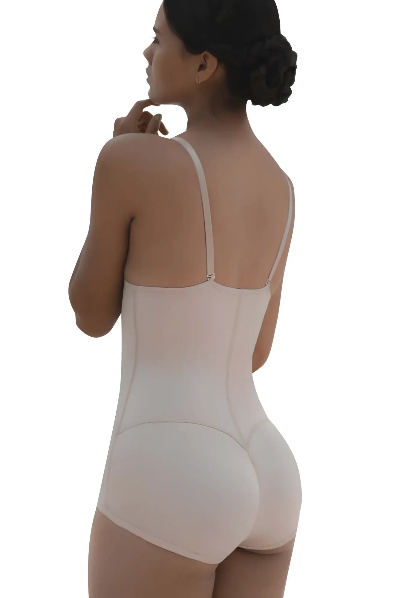 Beige vedette 5099 strapless body shaper with thin adjustable straps and smooth form fitting butt lifter design