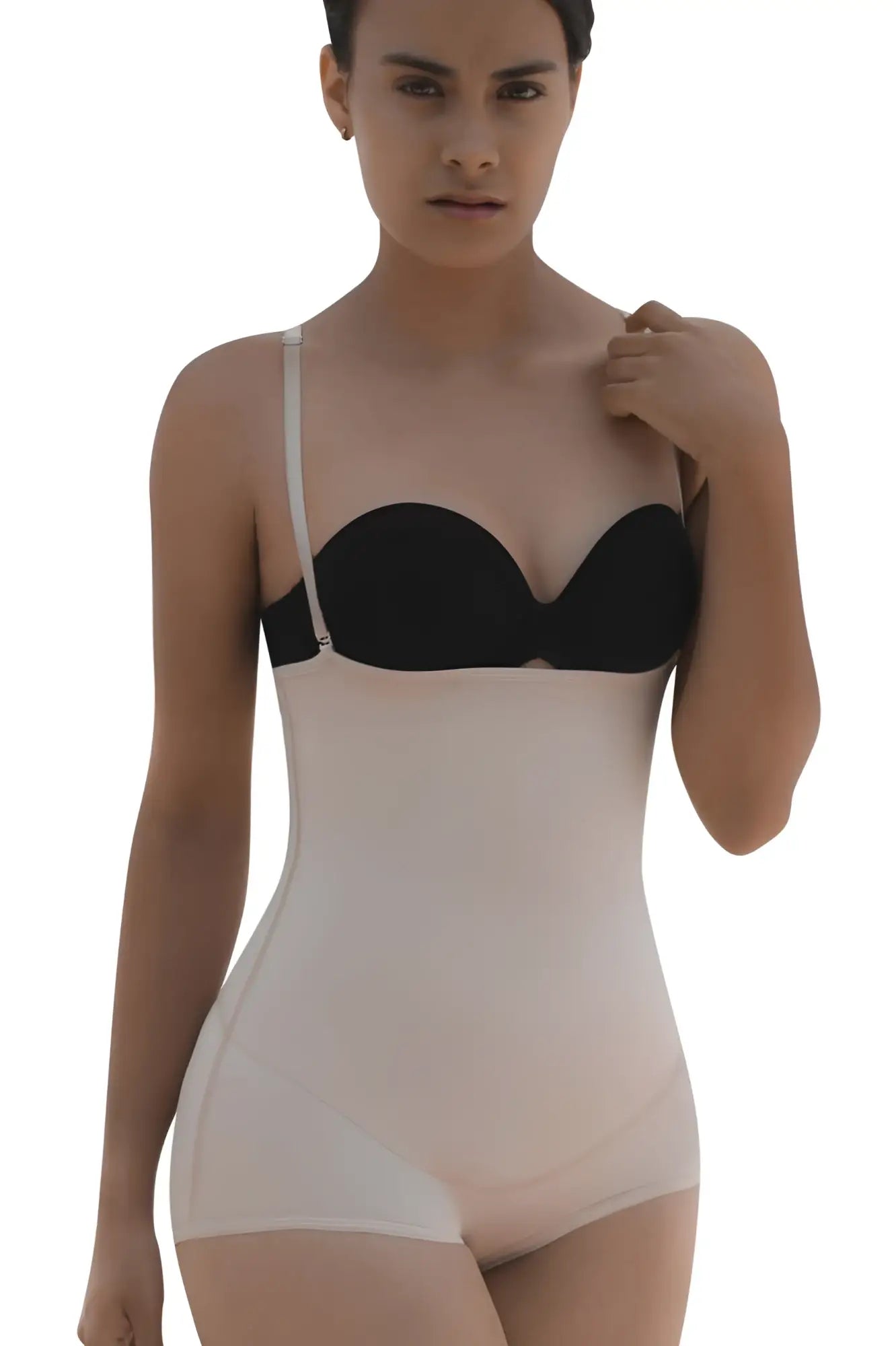 Black and beige vedette 5099 strapless shapewear bodysuit with thin straps and butt lifter in nude color