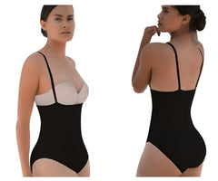 Black vedette 5108 strapless body shaper bodysuit with thin straps and white underwire bra insert