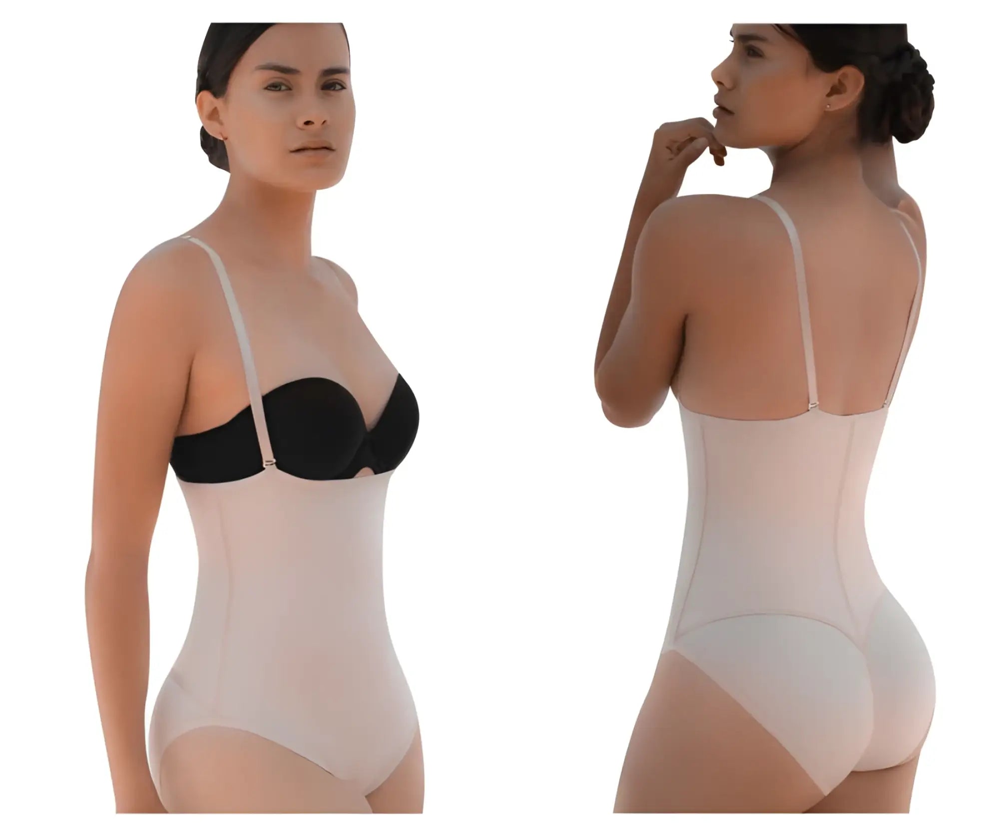 Vedette 5108 strapless body shaper butt lifter in nude with black and beige adjustable straps visible from the back
