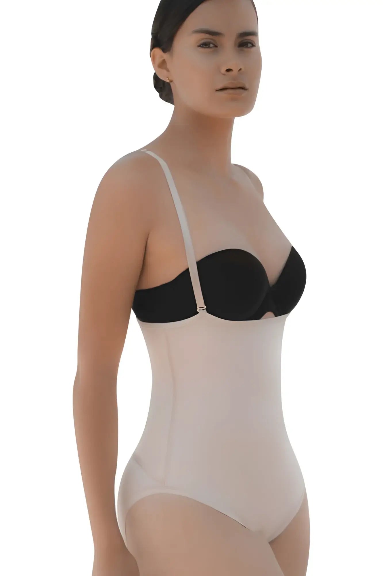 Black and beige vedette 5108 strapless body shaper with thin straps and butt lifter in nude color shown from the back