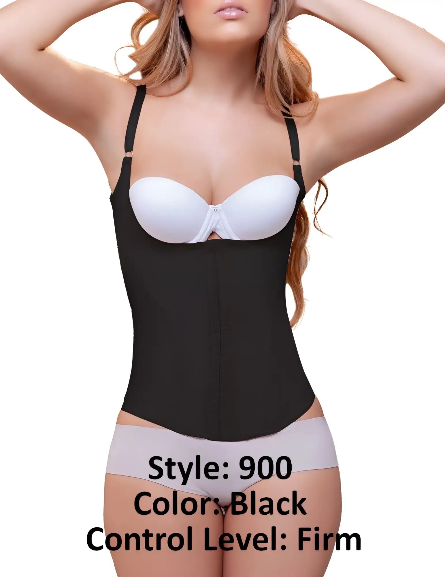 Black vedette 900 belle underbust corset body shaper with firm control and adjustable straps paired with white bra cup